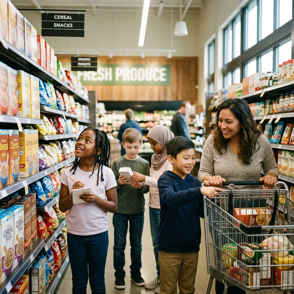 group of children in a grocery store